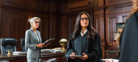 The judge presiding over a legal discussion in a formal courtroom setting. photo