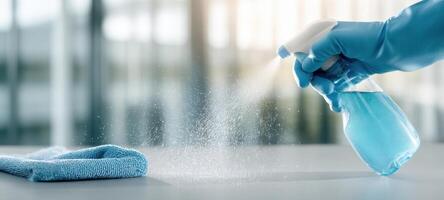 The spray bottle releasing disinfectant mist over a cleaning cloth on a countertop. photo
