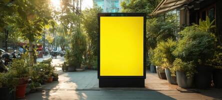 The empty billboard surrounded by lush greenery in a bustling urban environment. photo