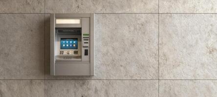 The modern ATM against a textured wall providing banking convenience. photo