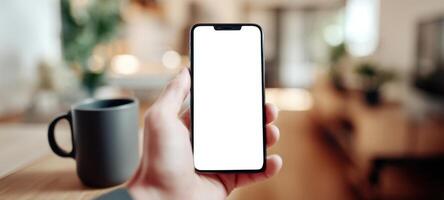 The smartphone held in hand with a blank screen in a cozy environment. photo