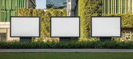The empty billboards framed by lush greenery in an urban environment. photo