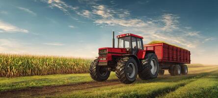 The vibrant red tractor working in a lush green cornfield under a clear sky. photo