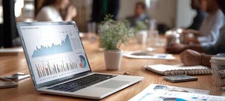 The laptop displaying data analytics in a modern office meeting environment. photo