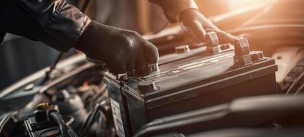 The technician replacing a car battery in a modern automotive repair shop. photo