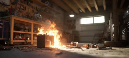 The Battery Catches Fire in a Busy Garage Workshop Setting photo