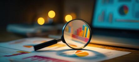 The magnifying glass enhancing analysis of colorful business charts and graphs. photo