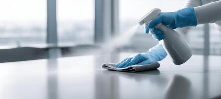 The spray bottle in action for effective cleaning and sanitizing surfaces. photo