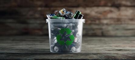 The container filled with recyclable batteries against a rustic wooden background. photo