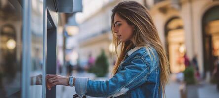 The woman interacting with an ATM in a busy urban street setting. photo