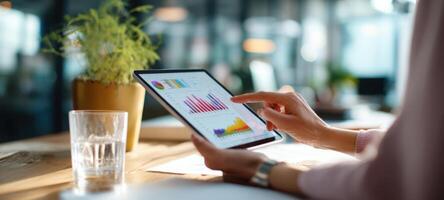 The sleek tablet displaying vibrant analytics in a modern office environment. photo