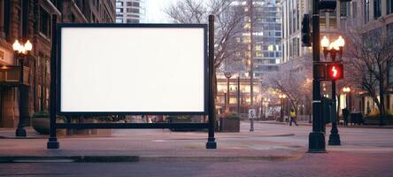 The blank billboard ready for creative advertisement in a vibrant urban setting. photo
