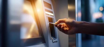 The hand inserting a card into an illuminated ATM at night. photo