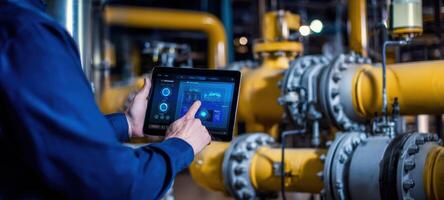 The technician uses a tablet to monitor industrial machinery in a modern facility. photo