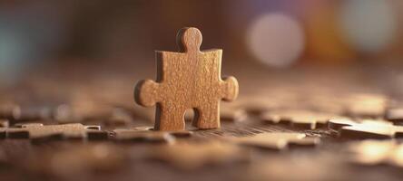 The wooden puzzle piece standing out among scattered pieces on a table photo