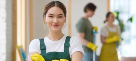 The young woman smiling while cleaning with friends in a bright interior. photo