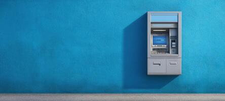 The ATM on a Bright Blue Wall Offering Convenient Financial Services photo