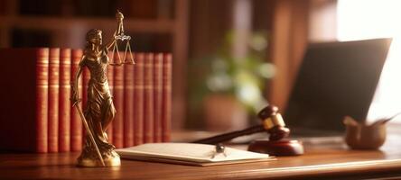 The majestic statue of Lady Justice in a serene law office setting. photo
