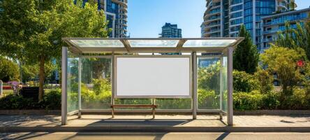 The modern bus shelter surrounded by greenery and tall buildings in a vibrant city. photo