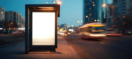The Empty Bus Shelter Under City Lights at Night. photo