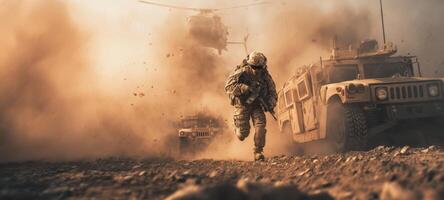 The soldier running through dust during a military operation with helicopters overhead. photo