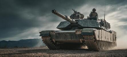 The Powerful Military Tank Maneuvering Through a Dramatic Battlefield Terrain photo