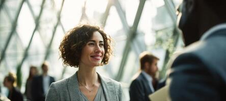 The woman smiling during a conversation in a modern corporate environment. photo