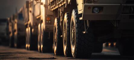 The line of military transport trucks on a dusty road at sunset. photo