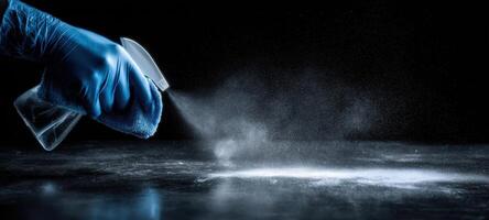 The cleaning spray in action creating a misty cloud on the surface. photo