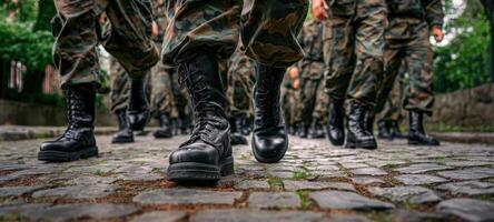 The soldiers march in unison, showcasing discipline and teamwork on the ground. photo