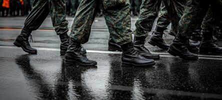 The soldiers marching in formation with polished boots on a rainy day. photo