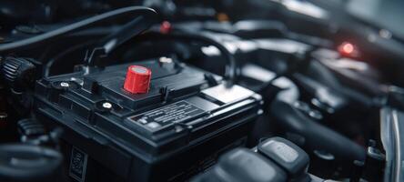 The detailed close-up of a car battery in an automotive engine compartment. photo