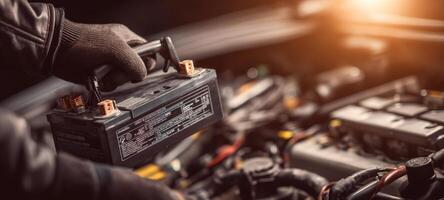 The technician handling a battery during automotive maintenance in a workshop. photo