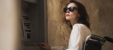 The woman using an ATM while sitting in a wheelchair, showcasing independence and style. photo