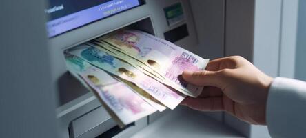The hand withdrawing cash from an ATM machine with banknotes in view. photo