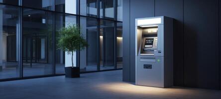 The ATM standing confidently in a sleek, modern urban setting at night. photo