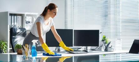 The woman cleaning her office workspace with bright sunlight streaming in. photo