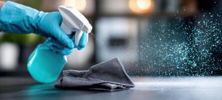 The cleaning process with a spray bottle and microfiber cloth in a modern setting. photo
