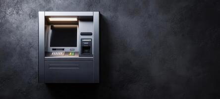 The sleek ATM against a textured dark wall for modern banking solutions. photo