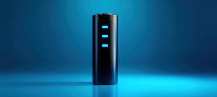 The sleek black power device with illuminated blue indicators on a gradient background. photo