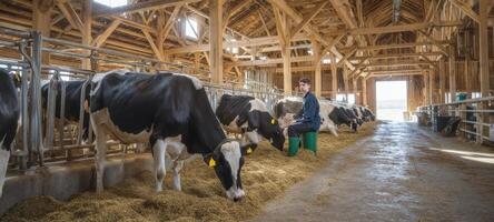 The peaceful barn scene featuring a farmer and dairy cows feeding. photo