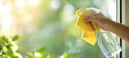 The hand sprays and wipes a sparkling clean window in a sunlit room. photo