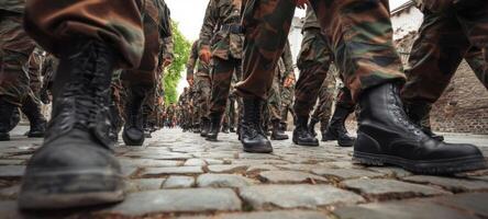 The soldiers in formation marching with determination and discipline on cobblestone streets. photo