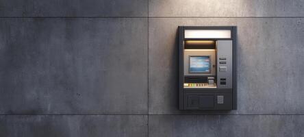 The ATM illuminated on a textured concrete wall for easy access. photo