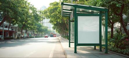 The bus stop shelter awaits commuters in a serene urban environment. photo