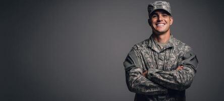 The smiling soldier showcasing pride and dedication in military uniform. photo