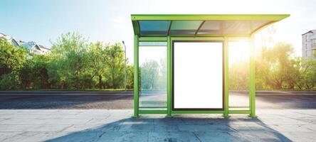 The Green Bus Stop Surrounded by Lush Nature and Warm Sunlight photo