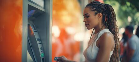The woman using an ATM for a financial transaction outdoors in the city. photo