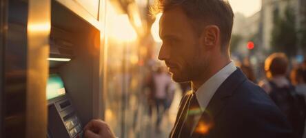 The man using an ATM at sunset in an urban environment. photo