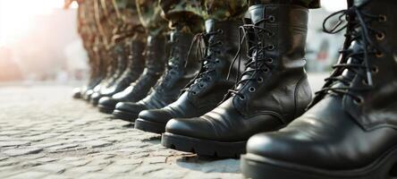 The Determined Line of Military Boots Ready for Action photo